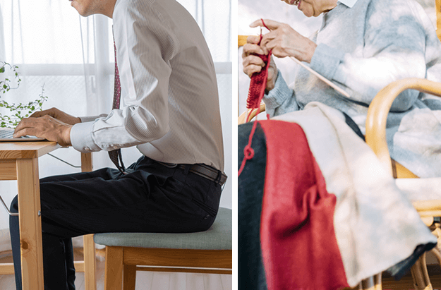 デスクワークや、編み物などで長時間同じ姿勢を取っている方、足を組む癖のある方は姿勢に注意が必要です。